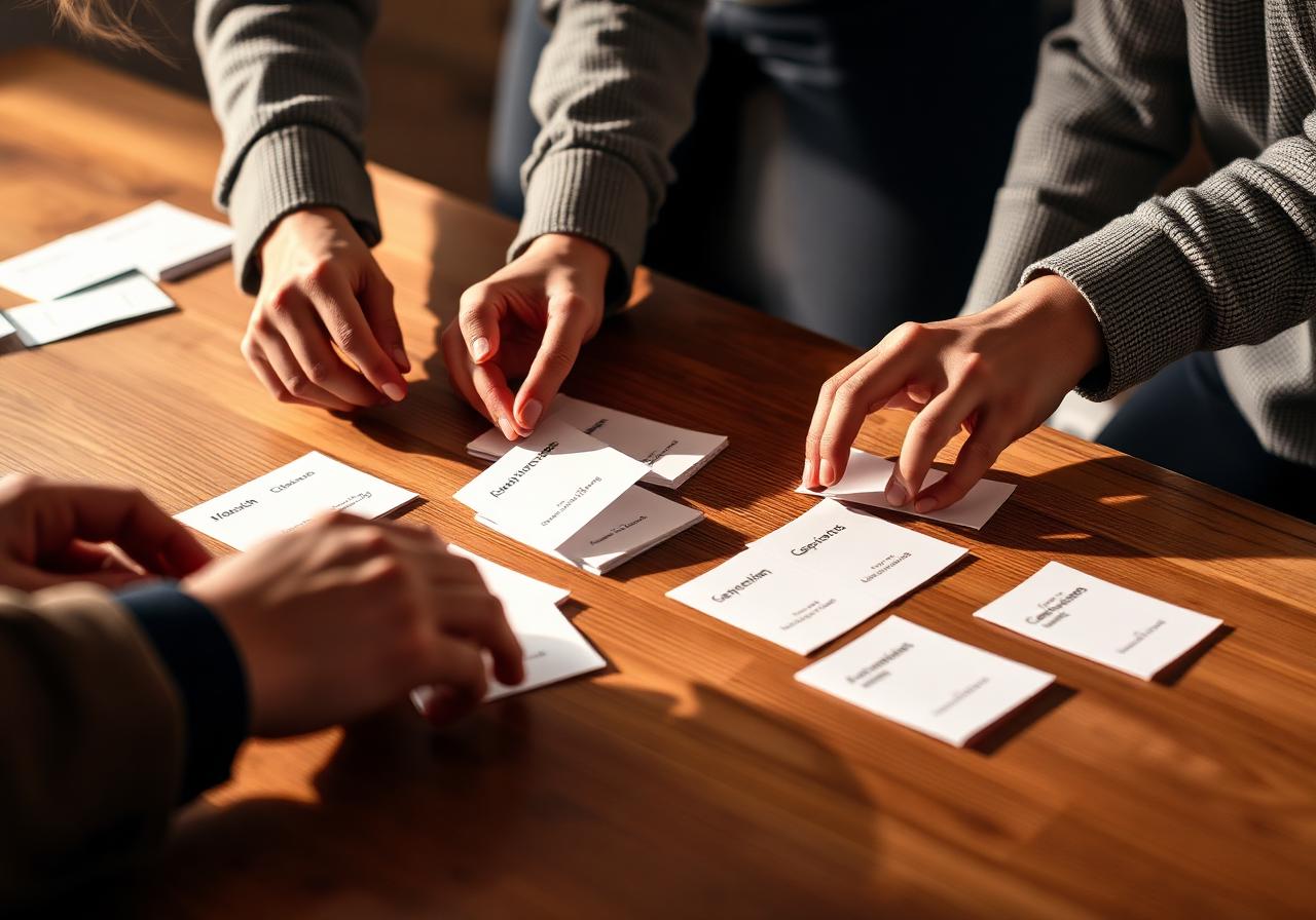 Hands sorting paper cards on a wooden table for a mapping exercise