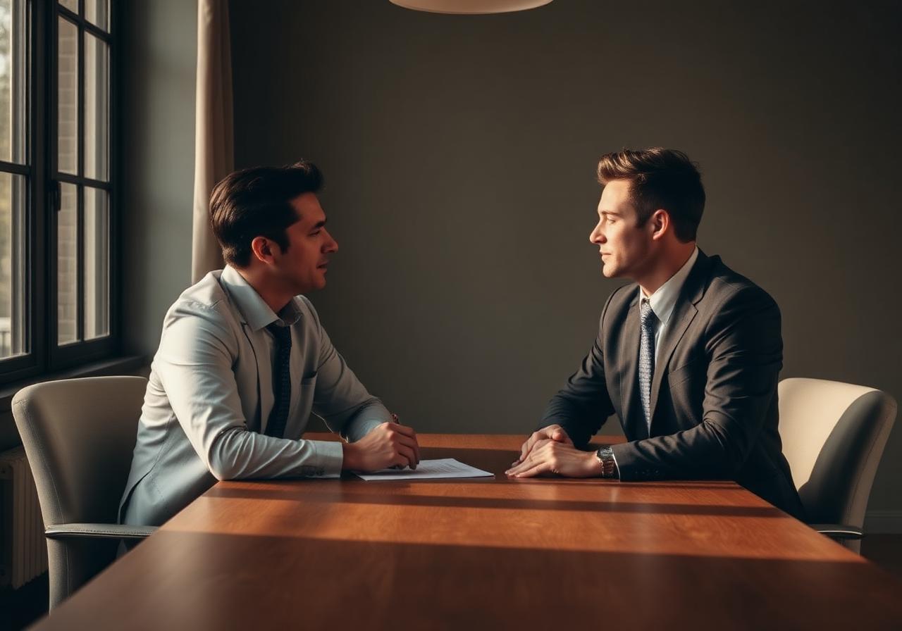 Two executives in conversation across a wooden table