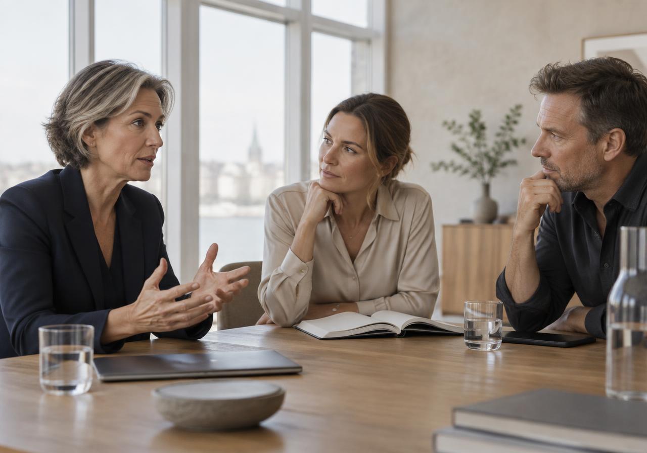Two women and a man in discussion around a light oak table