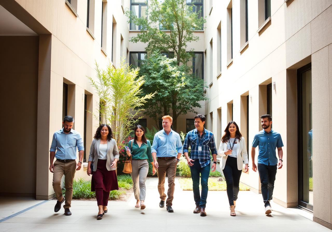 Colleagues walking through a green courtyard between buildings